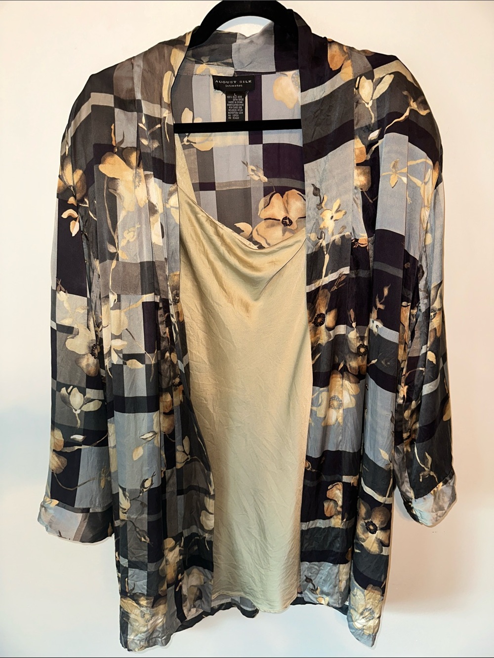 august silk Black, Blue and Cream Floral Silk Kimono-Style Jacket